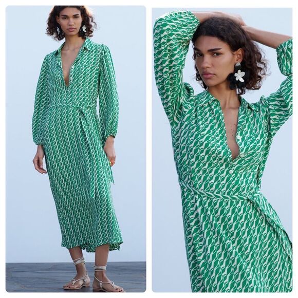 ZARA Printed Green Midi Belted Dress Viscose New - Picture 1 of 7